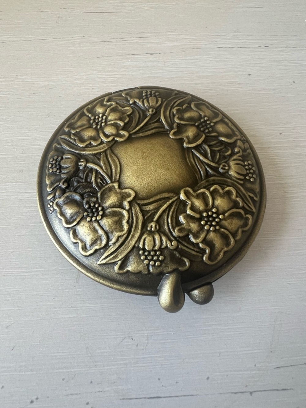 1928 Vintage Brass Floral Art Nouveau Round Compact Mirror in Brushed Gold